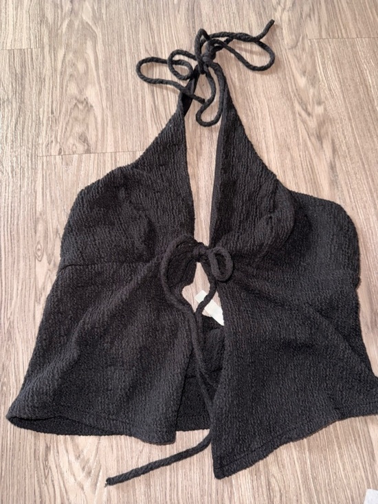 Other - Black Textured Halter Tie-Front Top